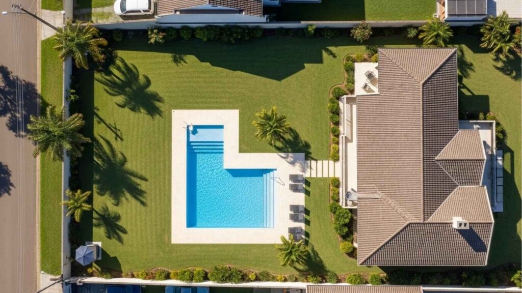 Vista aérea (drone) de uma casa moderna com um amplo jardim gramado e uma piscina em formato de "L" centralizada. A propriedade é cercada por palmeiras e muros, destacando o planejamento paisagístico.
