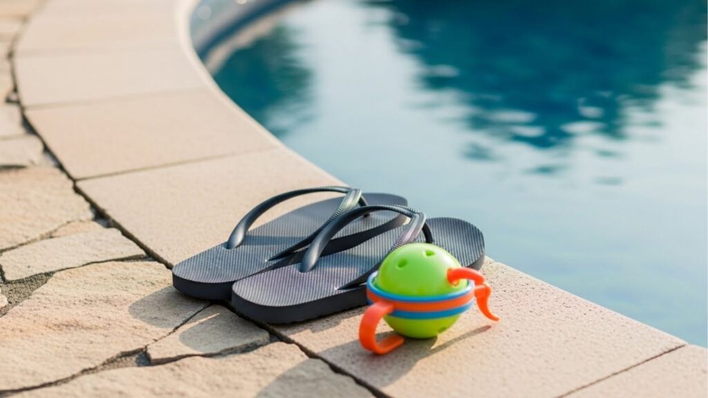 Detalhe em close da borda de uma piscina de pedra natural. No primeiro plano, um par de chinelos pretos e um brinquedo infantil colorido (verde e laranja) indicam um momento de lazer em família.