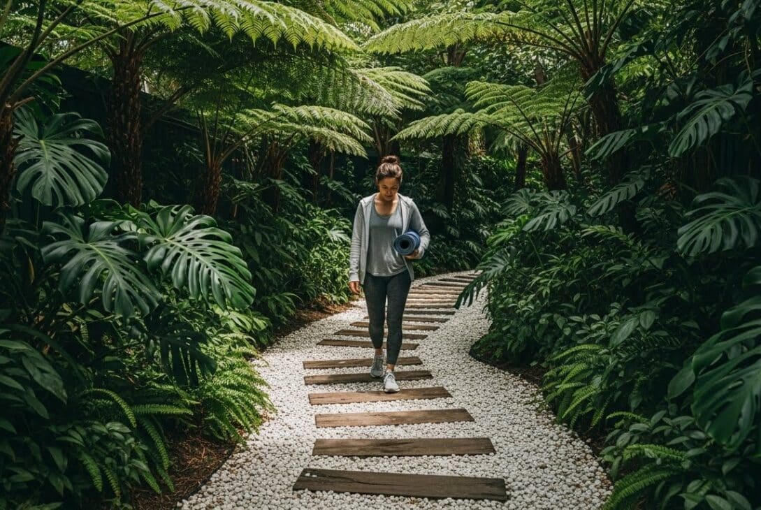 Mulher caminhando por trilha com pedras brancas e tábuas de madeira, cercada por vegetação densa e folhagens grandes, segurando um tapete de yoga enrolado.