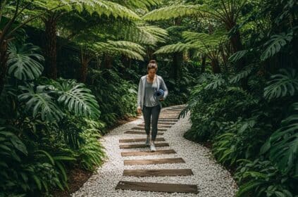 Mulher caminhando por trilha com pedras brancas e tábuas de madeira, cercada por vegetação densa e folhagens grandes, segurando um tapete de yoga enrolado.