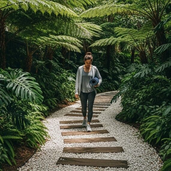 Mulher caminhando por trilha com pedras brancas e tábuas de madeira, cercada por vegetação densa e folhagens grandes, segurando um tapete de yoga enrolado.