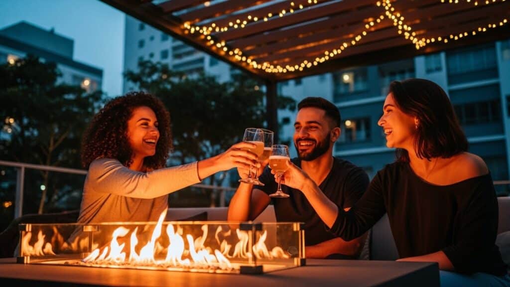 Três pessoas brindando com taças em volta de uma lareira externa, sob uma cobertura com luzes decorativas, ao anoitecer em ambiente urbano.