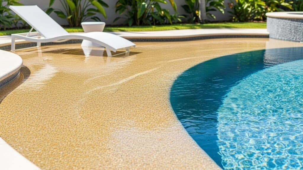Cadeira branca parcialmente submersa na borda de uma piscina com fundo em tom areia, em área externa com vegetação ao fundo.