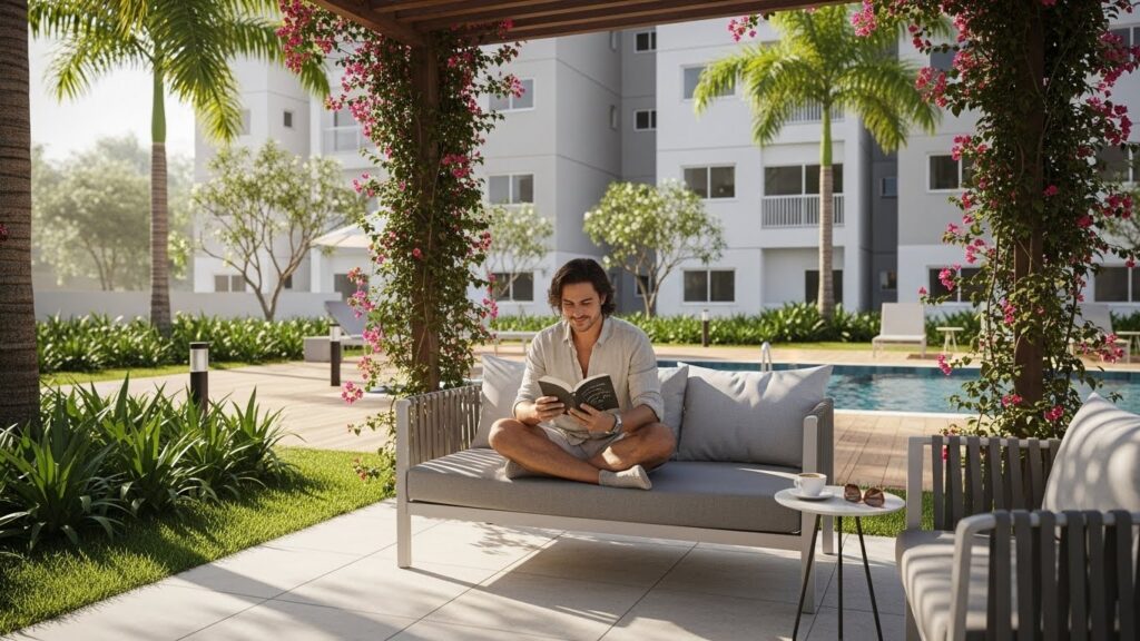 Homem sentado em sofá sob pergolado com trepadeiras floridas, lendo um livro perto de piscina e jardins, com prédio residencial ao fundo.