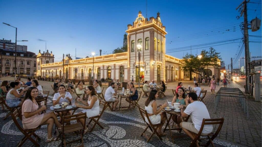 Pessoas sentadas em mesas ao ar livre em uma praça com calçamento em pedras portuguesas, em frente a um prédio histórico iluminado por luzes decorativas ao anoitecer.