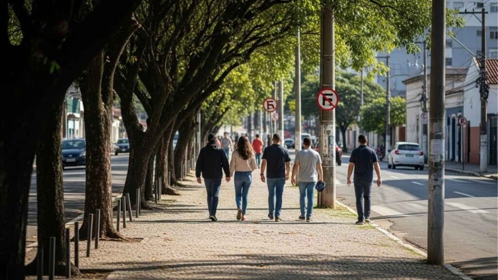 Grupo de pessoas caminhando por uma calçada arborizada em uma área urbana, com placas de trânsito e carros estacionados ao longo da rua.