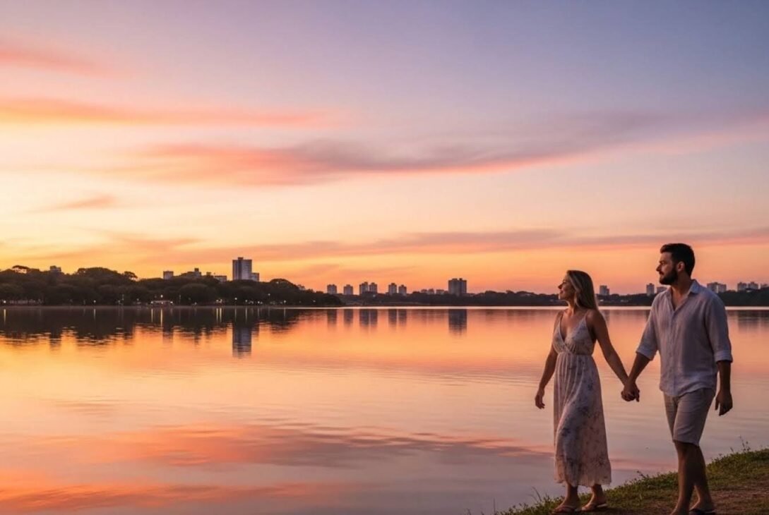 Casal caminhando de mãos dadas à beira de um lago ao entardecer, com o céu colorido em tons de rosa e laranja e a silhueta de prédios ao fundo.