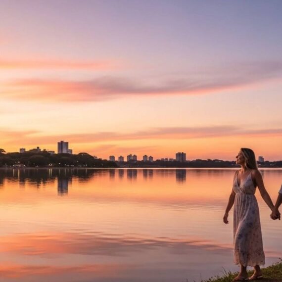 Casal caminhando de mãos dadas à beira de um lago ao entardecer, com o céu colorido em tons de rosa e laranja e a silhueta de prédios ao fundo.