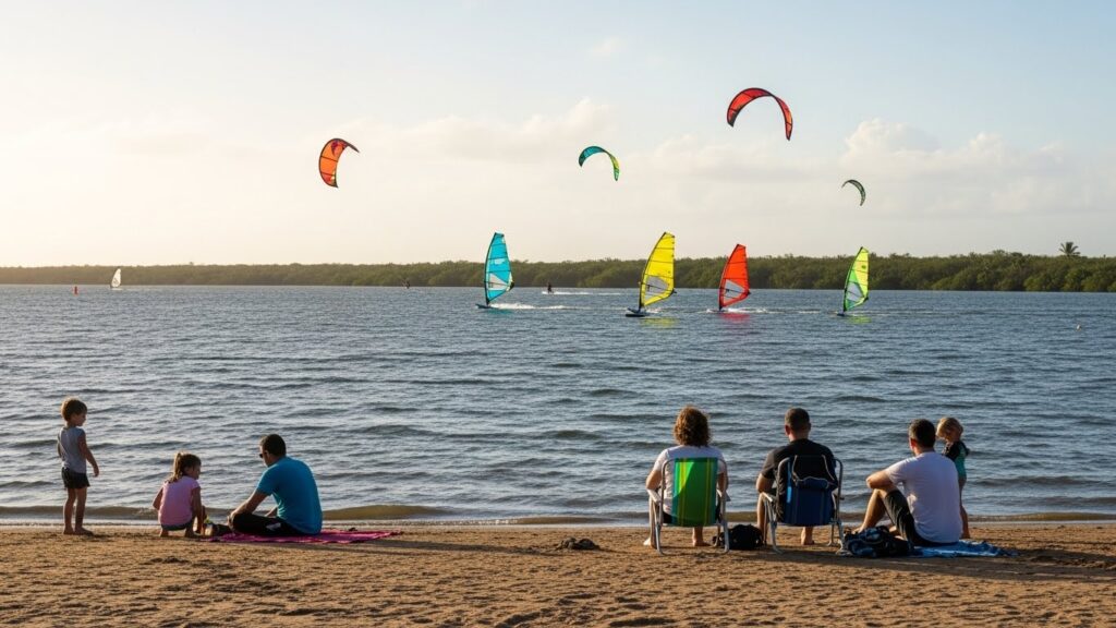 Pessoas sentadas na areia de uma praia observando praticantes de kitesurf e windsurf com velas coloridas sobre a água, ao entardecer.