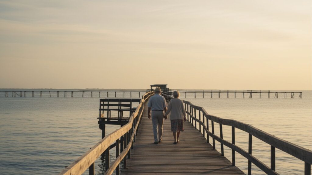 Casal de idosos caminhando de mãos dadas sobre um píer de madeira que avança sobre o mar calmo, com luz suave de fim de tarde.
