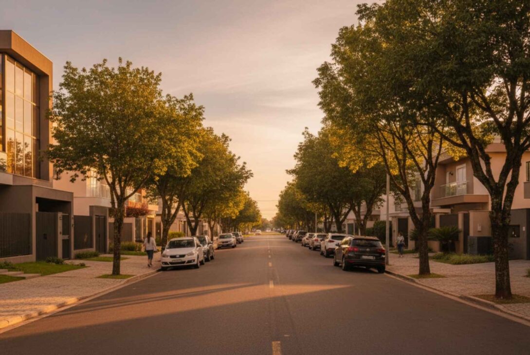 Rua residencial arborizada com casas e prédios baixos ao pôr do sol, com carros estacionados.