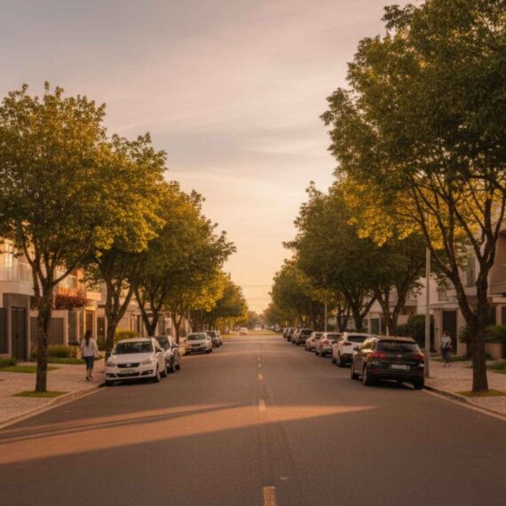 Rua residencial arborizada com casas e prédios baixos ao pôr do sol, com carros estacionados.