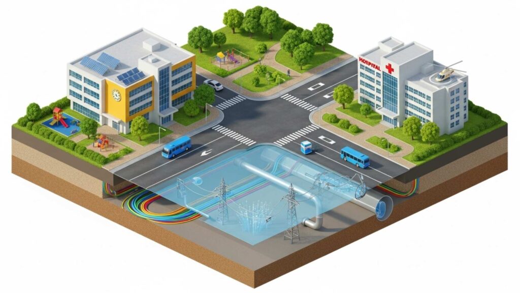 Ilustração de bairro com escola e hospital mostrando redes subterrâneas de água, energia e telecomunicações.