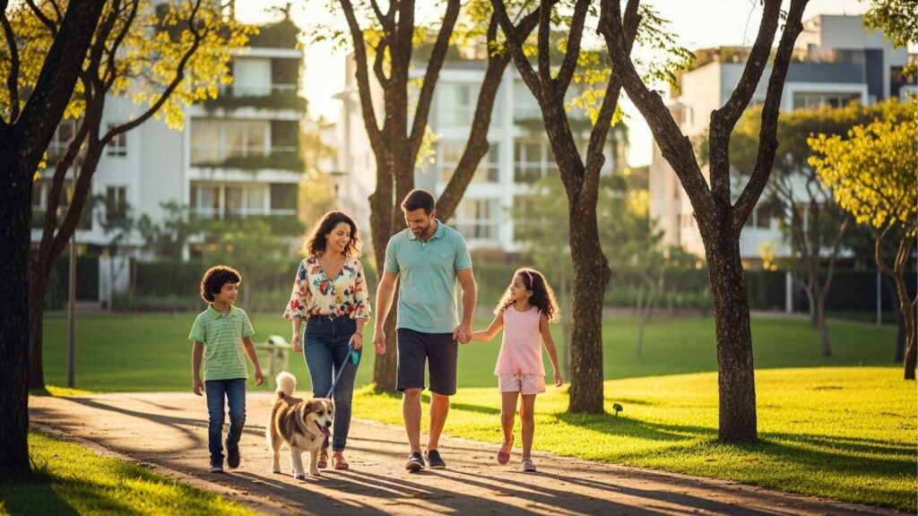 Família caminhando com cachorro em parque arborizado, com prédios residenciais ao fundo.