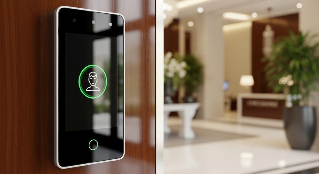 Dispositivo de controle de acesso com ícone de biometria em hall de entrada sofisticado.