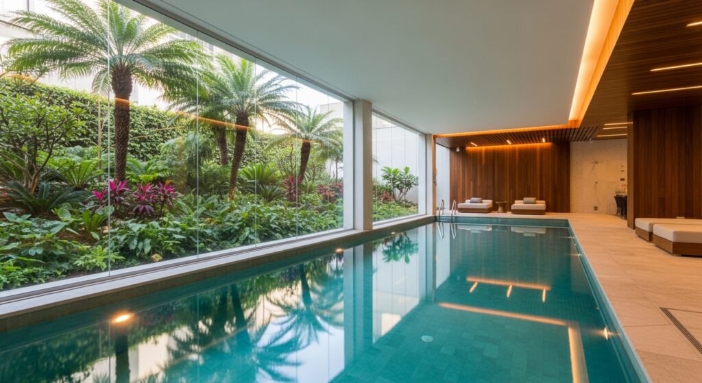 Piscina coberta em área de lazer com vidro e vista para jardim com palmeiras.