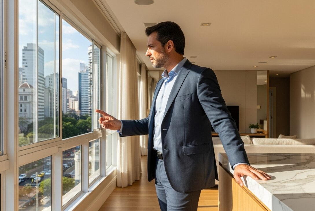 Homem em apartamento moderno observando a cidade pela janela em ambiente iluminado.