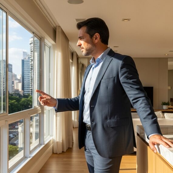 Homem em apartamento moderno observando a cidade pela janela em ambiente iluminado.