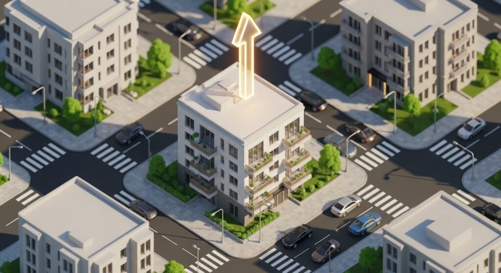 Ilustração 3D de quarteirão com prédios e seta apontando para cima sobre edifício central, indicando valorização.