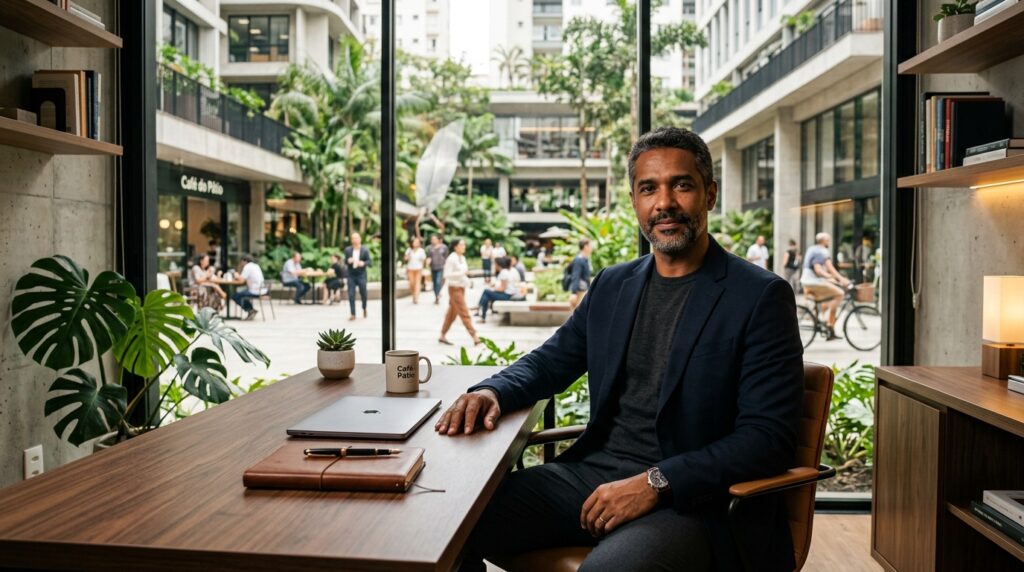 O Gemini disse
Um homem negro de meia-idade com cabelos grisalhos, usando um paletó azul-marinho sobre uma camiseta escura, está sentado em um escritório de madeira moderno, olhando diretamente para a câmera com um sorriso sutil e confiante. Na mesa de madeira rica estão um laptop aberto, um caderno de couro com uma caneta e uma caneca com o texto "Café do Pátio" e uma pequena planta suculenta. Atrás dele, uma grande janela do chão ao teto revela um pátio de uso misto vibrante e arborizado, repleto de pessoas socializando, caminhando e uma pessoa andando de bicicleta, com edifícios de arquitetura contemporânea e um café ("Café do Pátio") visível ao longe. O interior do escritório apresenta paredes de concreto exposto e prateleiras de madeira com livros e uma grande planta Monstera deliciosa. A luz natural preenche a cena, transmitindo uma sensação de equilíbrio entre trabalho e vida.