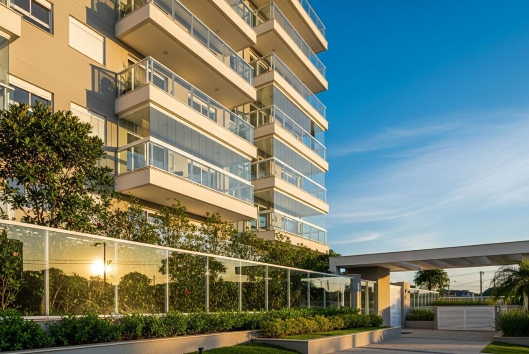 Fachada de prédio residencial de luxo em Pelotas com sacadas de vidro, arquitetura contemporânea e jardim iluminado pelo pôr do sol.