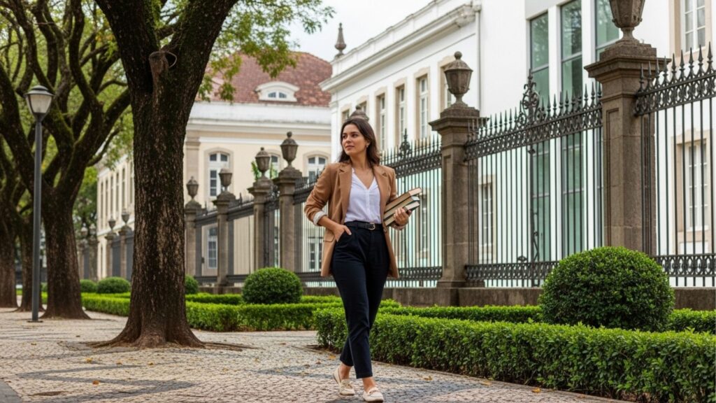 Mulher caminhando com livros em frente ao casarão histórico da Praça Coronel Pedro Osório em Pelotas, destacando a proximidade com centros culturais e universidades.