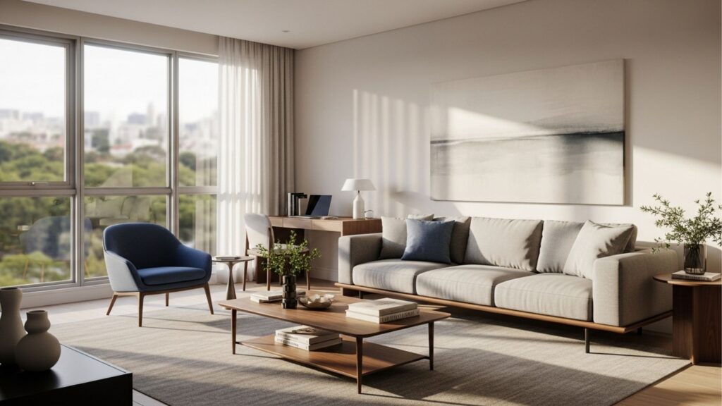 Sala de estar moderna e iluminada em apartamento para alugar em Pelotas, com sofá cinza, poltrona azul, móveis em madeira e ampla janela com vista urbana.