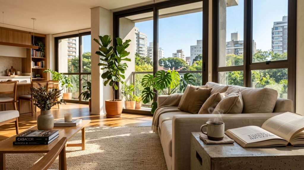 Interior de uma sala de estar moderna, ampla e iluminada pela luz do sol. O ambiente possui decoração clean com um sofá bege de frente para grandes janelas de vidro que mostram a vista da cidade e árvores. No primeiro plano, uma mesa de centro de madeira com livros e um vaso, e à direita, um banco de concreto com uma caneca de café soltando fumaça e um livro aberto. Plantas ornamentais em vasos de barro estão espalhadas pelo espaço, criando um clima acolhedor.