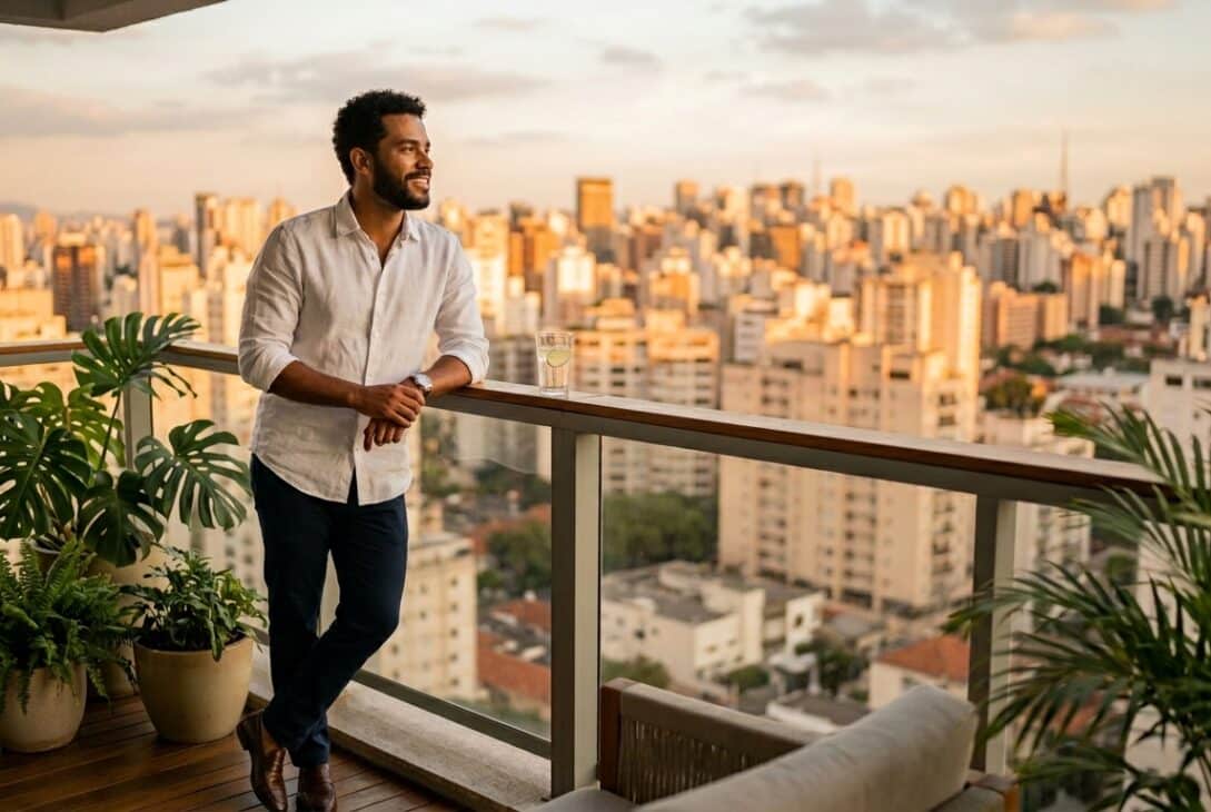 Um homem jovem, de barba e pele morena, veste uma camisa branca de linho e calças escuras. Ele está em pé em uma varanda gourmet de um prédio alto, apoiado no guarda-corpo de vidro, olhando para o horizonte com um sorriso satisfeito. Ao fundo, a paisagem urbana é banhada pela luz dourada do pôr do sol. Vasos com plantas como samambaias e costelas-de-adão decoram o deck de madeira da varanda.