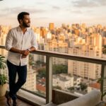 Um homem jovem, de barba e pele morena, veste uma camisa branca de linho e calças escuras. Ele está em pé em uma varanda gourmet de um prédio alto, apoiado no guarda-corpo de vidro, olhando para o horizonte com um sorriso satisfeito. Ao fundo, a paisagem urbana é banhada pela luz dourada do pôr do sol. Vasos com plantas como samambaias e costelas-de-adão decoram o deck de madeira da varanda.