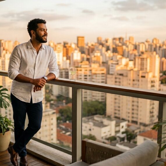 Um homem jovem, de barba e pele morena, veste uma camisa branca de linho e calças escuras. Ele está em pé em uma varanda gourmet de um prédio alto, apoiado no guarda-corpo de vidro, olhando para o horizonte com um sorriso satisfeito. Ao fundo, a paisagem urbana é banhada pela luz dourada do pôr do sol. Vasos com plantas como samambaias e costelas-de-adão decoram o deck de madeira da varanda.