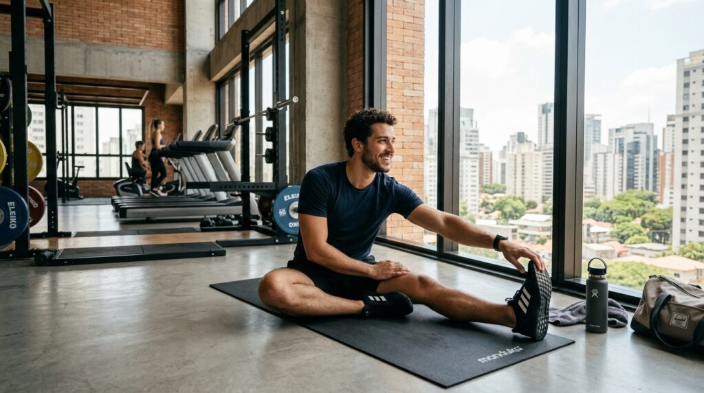 Um homem jovem e sorridente está sentado em um tapete de yoga preto no chão de uma academia moderna com grandes janelas de vidro. Ele veste roupas esportivas escuras e está realizando um alongamento de pernas. Através da janela, vê-se uma vista panorâmica de prédios residenciais. Ao lado dele, há uma garrafa de água térmica cinza e uma mochila, reforçando um estilo de vida saudável e equilibrado.