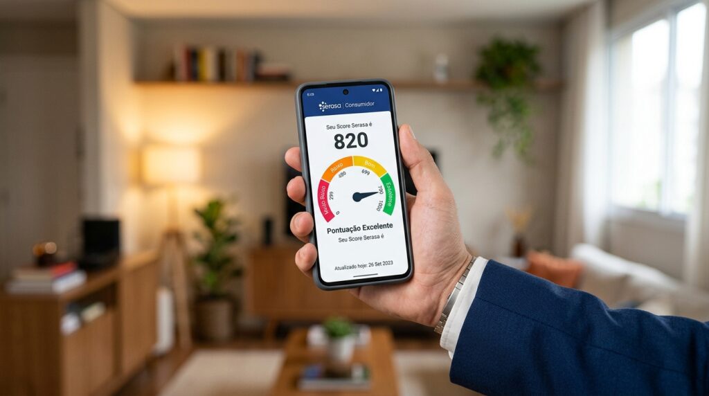 Close-up da mão de uma pessoa vestindo um terno azul marinho, segurando um smartphone. A tela do aparelho exibe o aplicativo "Serasa Consumidor" com um Score de 820 pontos, indicado por um ponteiro em uma zona verde com a legenda "Pontuação Excelente". O fundo da imagem é um interior residencial desfocado, sugerindo a facilidade de consultar a saúde financeira em casa.