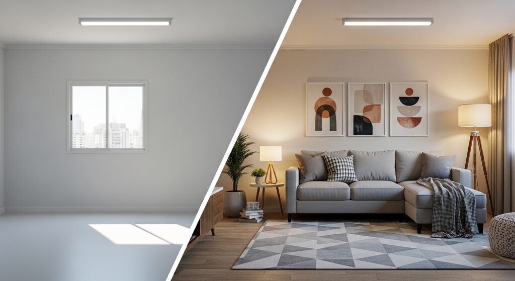 Comparativo de sala de apartamento vazio e decorado com sofá cinza, tapete geométrico, quadros abstratos e iluminação aconchegante.