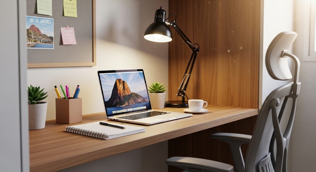 Bancada de home office em madeira com notebook, luminária de mesa preta, cadeira ergonômica cinza e painel de cortiça com fotos.