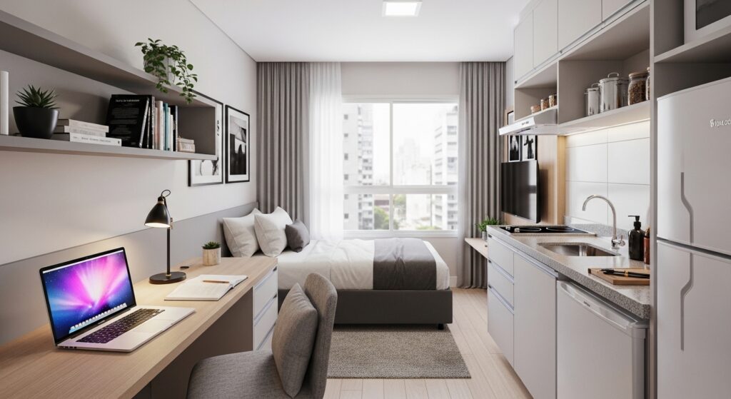 Apartamento studio mobiliado integrando cozinha compacta branca, área de dormir e mesa de estudos em tons de cinza e madeira.
