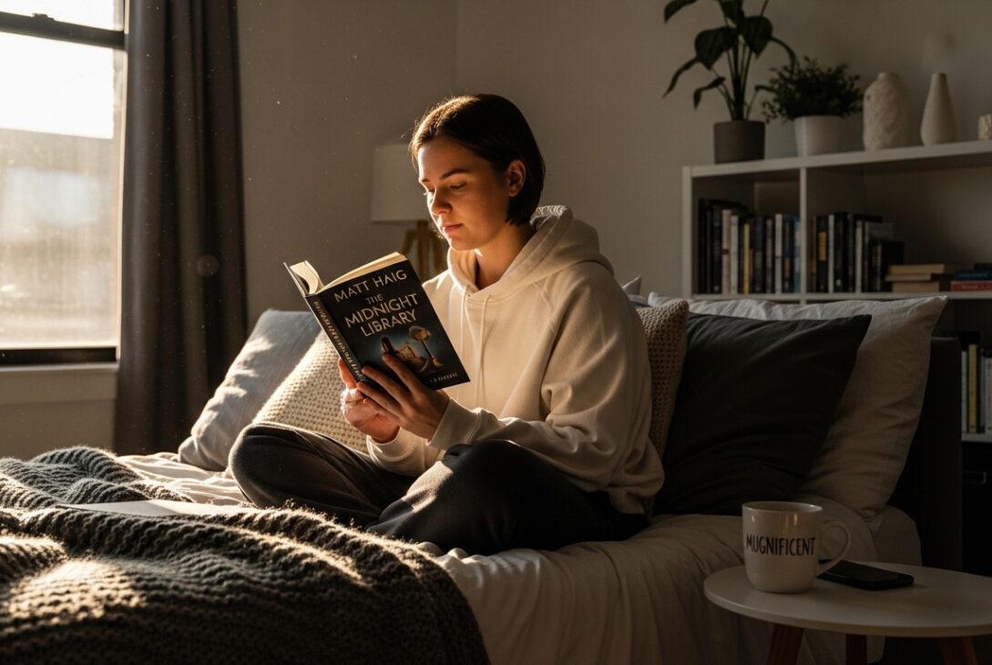 Mulher lendo livro em cama de apartamento mobiliado com luz natural vinda da janela e estante de livros ao fundo.