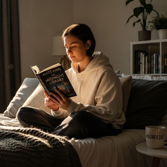Mulher lendo livro em cama de apartamento mobiliado com luz natural vinda da janela e estante de livros ao fundo.