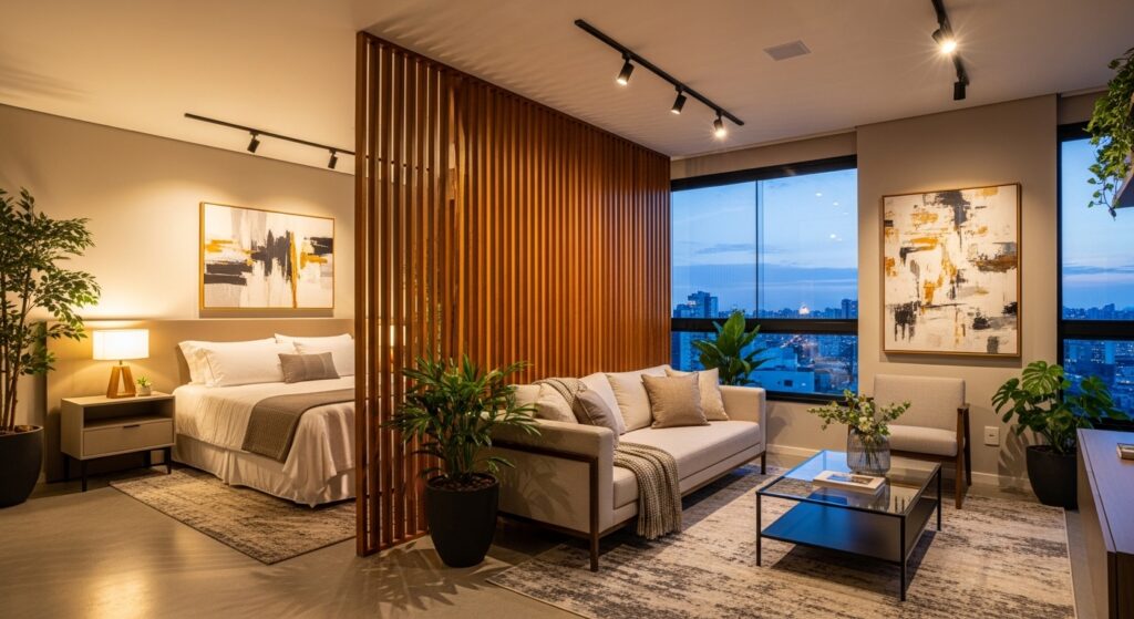 Decoração de apartamento studio integrado com divisória de ripas de madeira separando a cama de casal do sofá de linho cinza. O ambiente possui iluminação em trilhos pretos, tapetes geométricos e grandes janelas com vista para a cidade ao anoitecer.