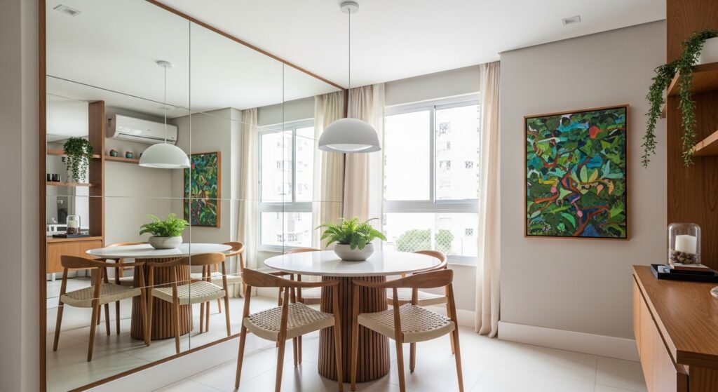 Sala de jantar de apartamento pequeno com mesa redonda de tampo branco e base ripada, cercada por cadeiras de madeira e palhinha. Uma parede espelhada amplia o ambiente, que conta com iluminação pendente moderna e quadro colorido na parede lateral.