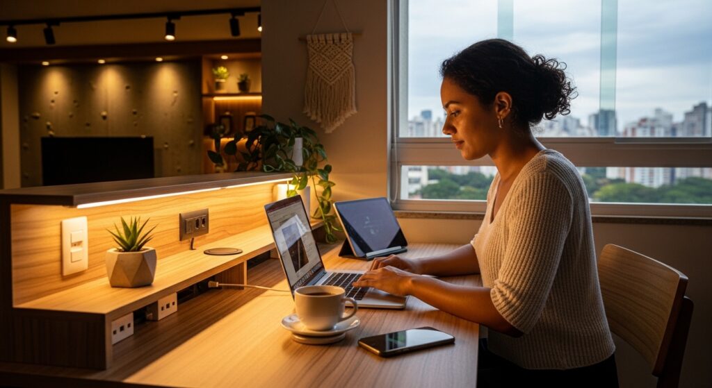 Mulher trabalhando em notebook em bancada de madeira posicionada em frente à janela do apartamento. O espaço de home office possui iluminação LED embutida no nicho superior, tomada integrada e decoração minimalista com plantas e macramê.