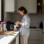 Cozinha planejada de apartamento studio em tons de branco e cinza claro. Uma mulher prepara café em uma bancada de quartzo branco iluminada pela luz natural da janela, equipada com eletrodomésticos embutidos e marcenaria funcional.