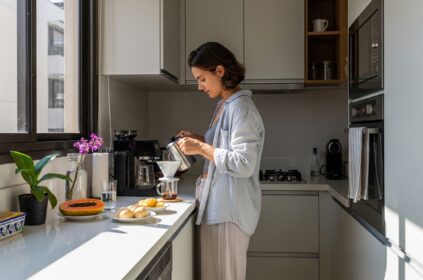 Cozinha planejada de apartamento studio em tons de branco e cinza claro. Uma mulher prepara café em uma bancada de quartzo branco iluminada pela luz natural da janela, equipada com eletrodomésticos embutidos e marcenaria funcional.