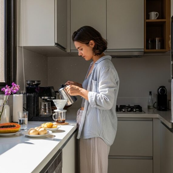 Cozinha planejada de apartamento studio em tons de branco e cinza claro. Uma mulher prepara café em uma bancada de quartzo branco iluminada pela luz natural da janela, equipada com eletrodomésticos embutidos e marcenaria funcional.
