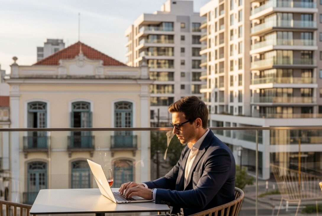 Homem de terno trabalhando em um notebook em um terraço urbano ao ar livre, com prédios modernos e arquitetura histórica ao fundo durante o pôr do sol.