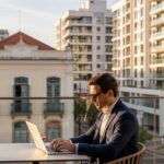 Homem de terno trabalhando em um notebook em um terraço urbano ao ar livre, com prédios modernos e arquitetura histórica ao fundo durante o pôr do sol.