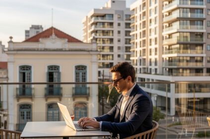 Homem de terno trabalhando em um notebook em um terraço urbano ao ar livre, com prédios modernos e arquitetura histórica ao fundo durante o pôr do sol.