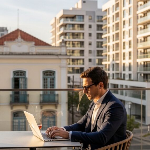 Homem de terno trabalhando em um notebook em um terraço urbano ao ar livre, com prédios modernos e arquitetura histórica ao fundo durante o pôr do sol.
