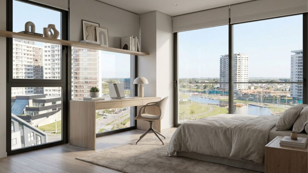 Escritório moderno e minimalista integrado ao quarto com escrivaninha de madeira, cadeira de design, amplas janelas com vista para a cidade e decoração contemporânea.