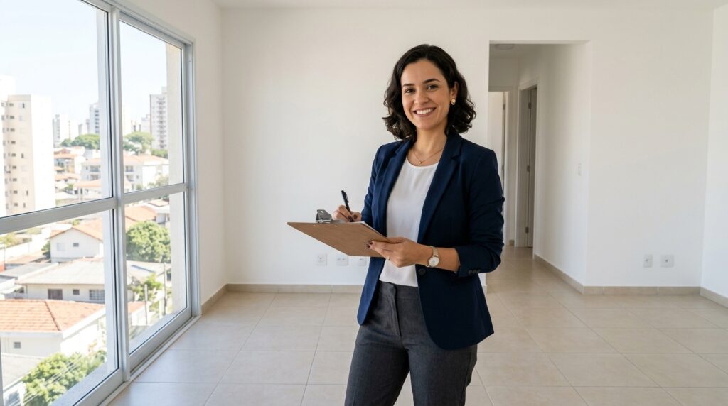 Uma mulher sorridente com cabelos escuros e ondulados está no centro de uma sala de estar vazia e bem iluminada. Ela veste um blazer azul marinho sobre uma blusa branca e calças escuras, segurando uma prancheta de madeira e uma caneta, sugerindo o momento de vistoria ou planejamento de um novo imóvel. O apartamento possui paredes brancas, piso de cerâmica clara e uma grande janela de vidro que oferece vista para outros prédios da cidade sob a luz do dia.
